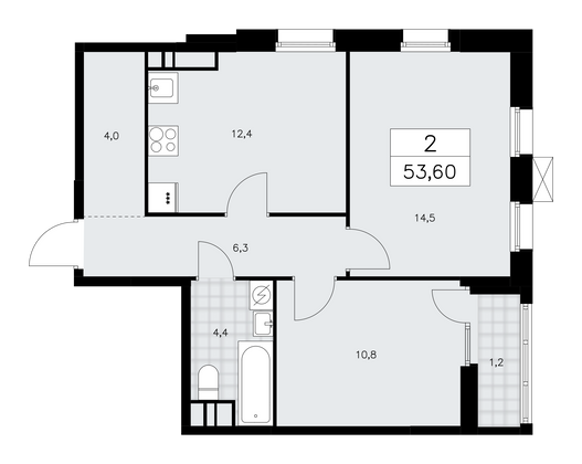 53,6 м², своб. планировка, 11/18 этаж