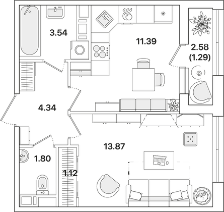 37,3 м², 1-комн. квартира, 9/12 этаж