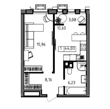 Продажа 1-комнатной квартиры 44 м², 11/23 этаж