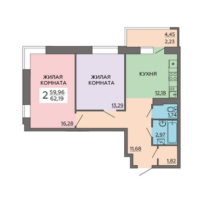 Продажа 2-комнатной квартиры 62,7 м², 17/19 этаж
