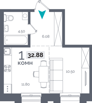 32,9 м², 1-комн. квартира, 1/15 этаж