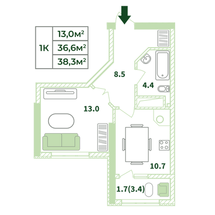 38,3 м², 1-комн. квартира, 15/22 этаж