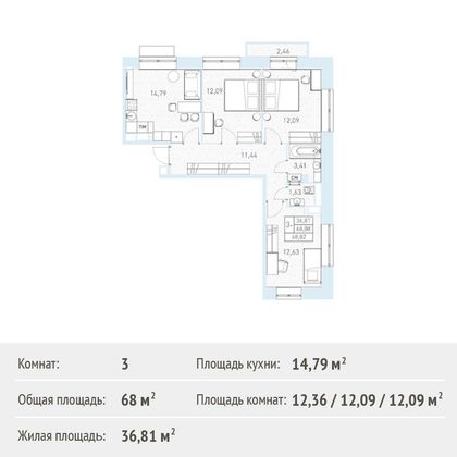Продажа 3-комнатной квартиры 68 м², 2/17 этаж