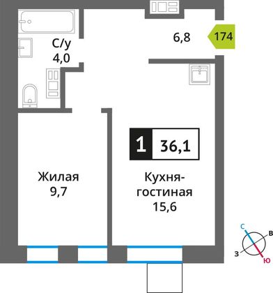 Продажа 1-комнатной квартиры 36,1 м², 6/6 этаж