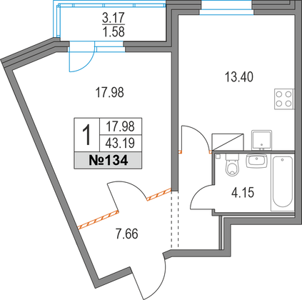 Продажа 1-комнатной квартиры 43,2 м², 3/19 этаж