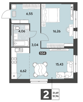 Продажа 2-комнатной квартиры 52 м², 1/25 этаж