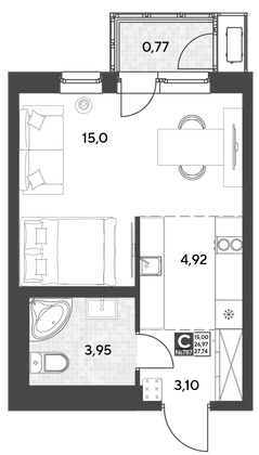 Продажа квартиры-студии 27,7 м², 17/25 этаж