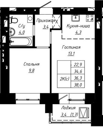 Продажа 2-комнатной квартиры 36,3 м², 13/16 этаж