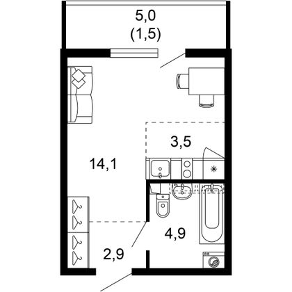 26,9 м², 1-комн. квартира, 1/17 этаж