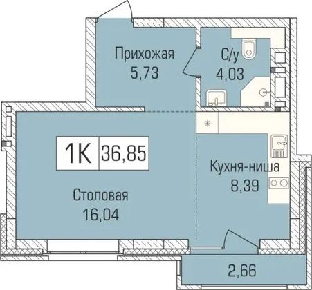 36,5 м², 1-комн. квартира, 6/9 этаж