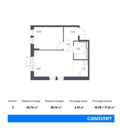 40,8 м², 1-комн. квартира, 3/17 этаж