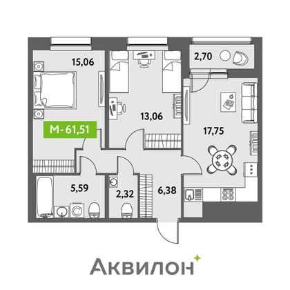 61,5 м², 2-комн. квартира, 2/12 этаж