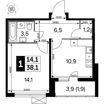 38,1 м², 1-комн. квартира, 4/12 этаж