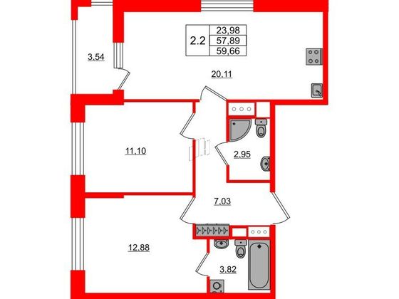 Продажа 2-комнатной квартиры 57,9 м², 21/23 этаж
