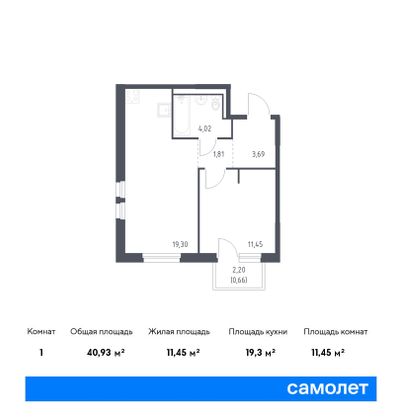 40,9 м², 1-комн. квартира, 2/15 этаж