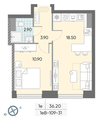 36,2 м², 1-комн. квартира, 31/58 этаж