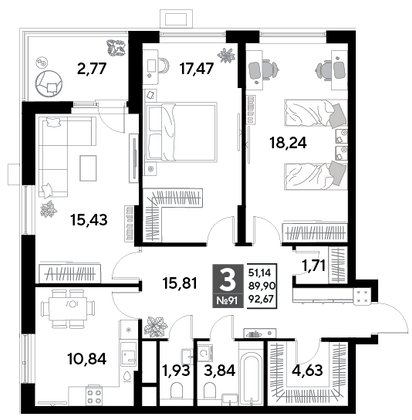 Продажа 3-комнатной квартиры 92,7 м², 9/25 этаж