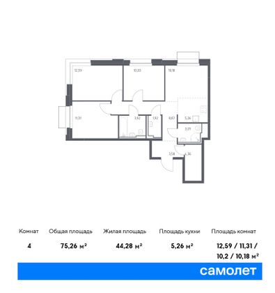 75,3 м², 3-комн. квартира, 15/21 этаж