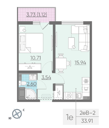 Продажа 1-комнатной квартиры 33,8 м², 2/13 этаж