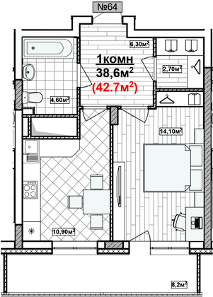 Продажа 1-комнатной квартиры 42,7 м², 14/19 этаж