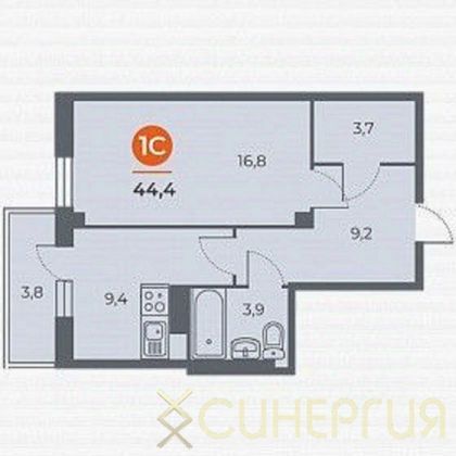 Продажа 1-комнатной квартиры 44,4 м², 8/19 этаж