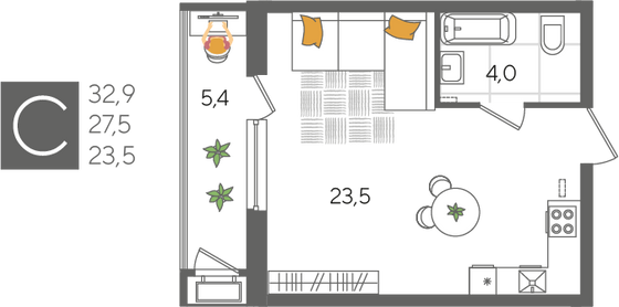 Продажа квартиры-студии 32,9 м², 2/24 этаж