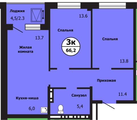 Продажа 3-комнатной квартиры 66,2 м², 10/19 этаж