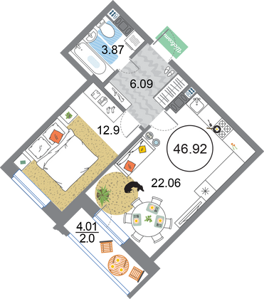 Продажа 1-комнатной квартиры 46,9 м², 7/12 этаж