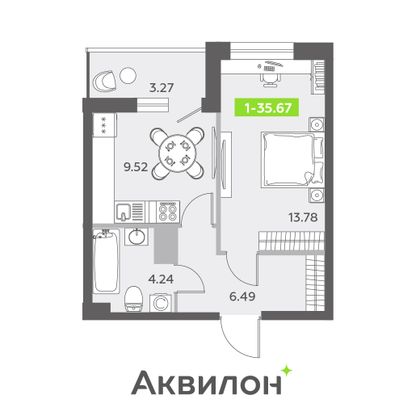 35,7 м², 1-комн. квартира, 13/13 этаж