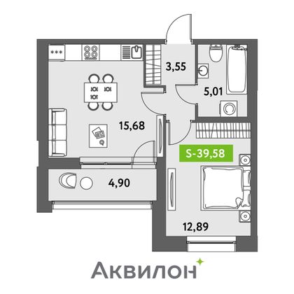 39,6 м², 1-комн. квартира, 2/12 этаж