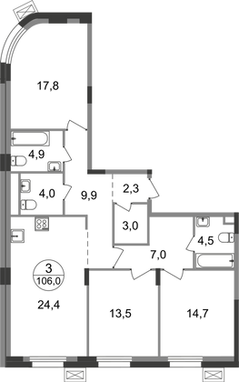 106 м², 3-комн. квартира, 2/9 этаж