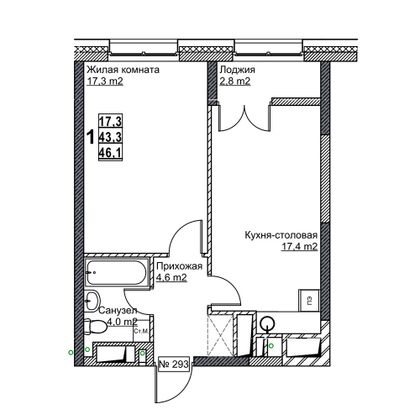 Продажа 1-комнатной квартиры 46,1 м², 20/24 этаж