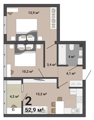 Продажа 2-комнатной квартиры 50,4 м², 18/34 этаж