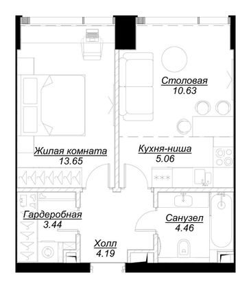 Продажа 1-комнатной квартиры 41,3 м², 4/55 этаж