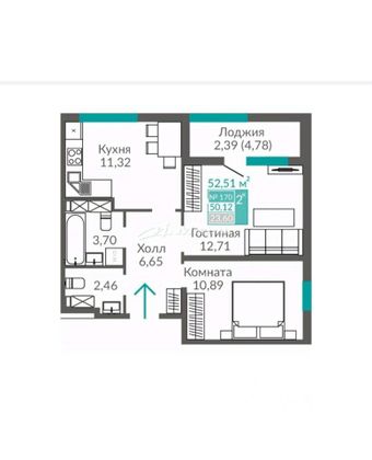Продажа 2-комнатной квартиры 50,1 м², 9/16 этаж