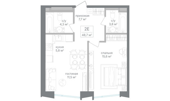 Продажа 1-комнатной квартиры 48,7 м², 20/25 этаж