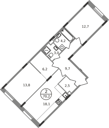 70,2 м², 2-комн. квартира, 1/9 этаж