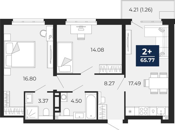 65,8 м², 2-комн. квартира, 4/22 этаж