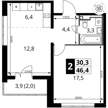 46,4 м², 2-комн. квартира, 2/24 этаж