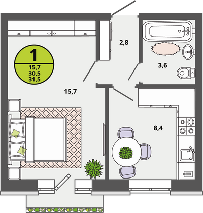 Продажа 1-комнатной квартиры 30,7 м², 2/3 этаж
