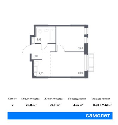 32,2 м², 1-комн. квартира, 3/9 этаж