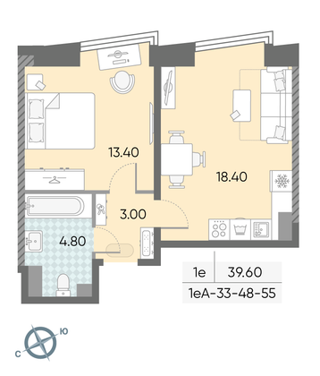 39,6 м², 1-комн. квартира, 49/58 этаж