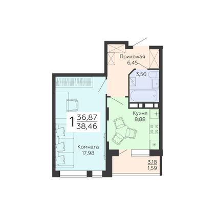 Продажа 1-комнатной квартиры 38,5 м², 14/18 этаж