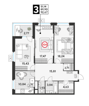 Продажа 3-комнатной квартиры 92,7 м², 10/25 этаж