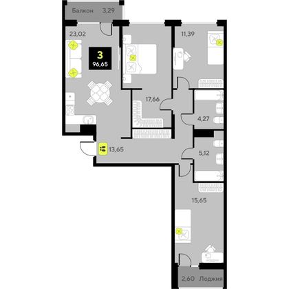 96,7 м², 3-комн. квартира, 8/10 этаж