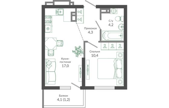 37,1 м², 1-комн. квартира, 3/12 этаж