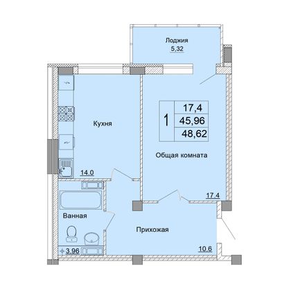 Продажа 1-комнатной квартиры 48,6 м², 3 этаж