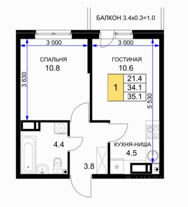 Продажа 2-комнатной квартиры 37 м², 10/17 этаж
