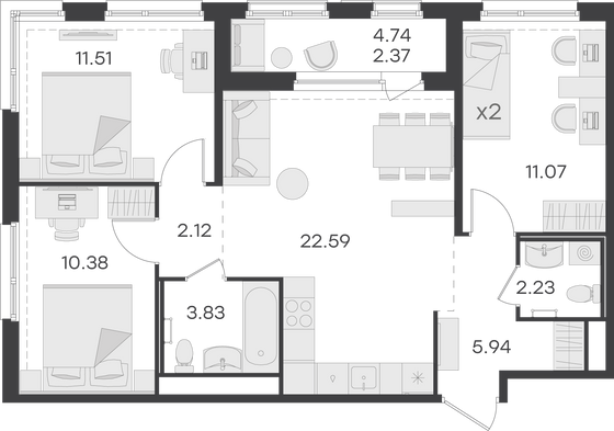 72 м², 3-комн. квартира, 7/15 этаж