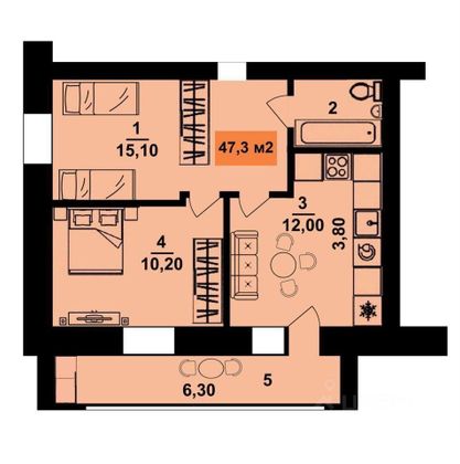 Продажа 2-комнатной квартиры 47 м², 4/4 этаж